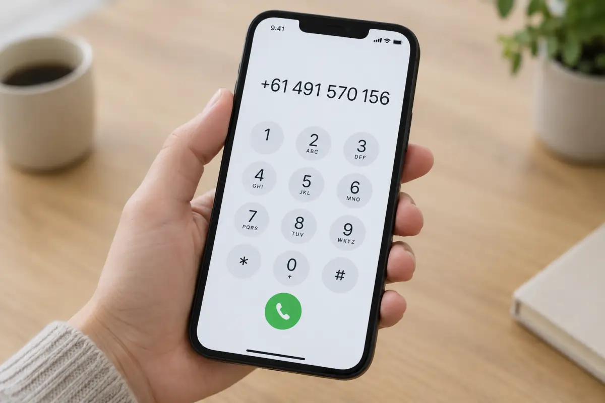 A hand holding a smartphone with +61 491 570 156 entered on the dial pad.