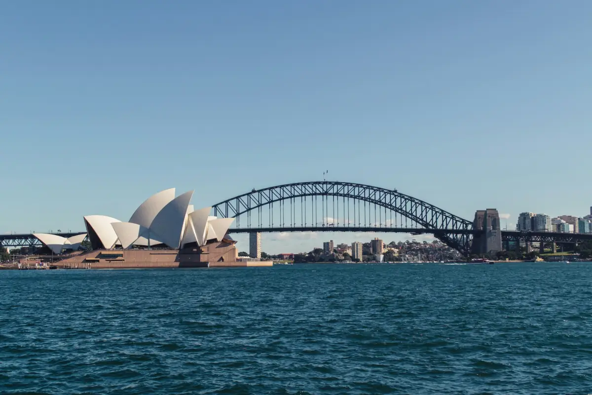 The Sydney Opera House and the Harbour Bridge seen across the water on a clear day.