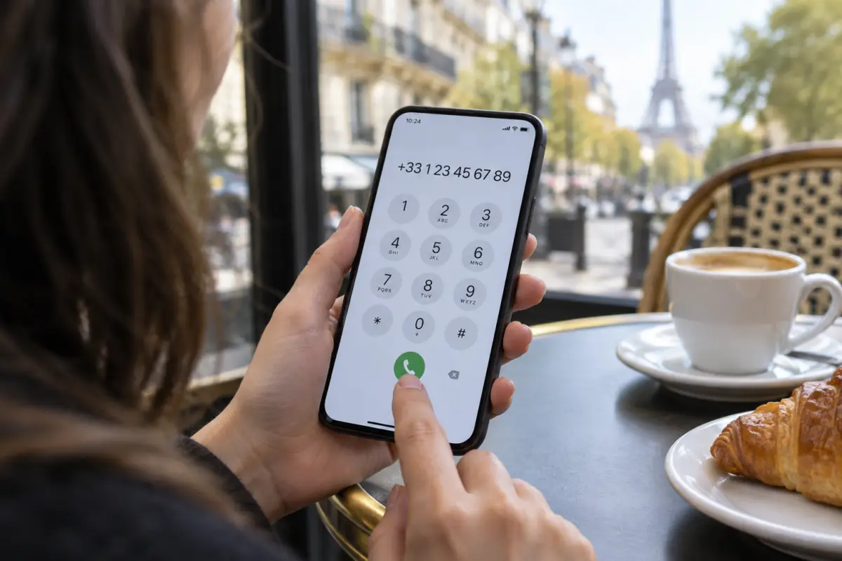 Someone at a Paris cafe table dialing +33 1 23 45 67 89 on a smartphone.