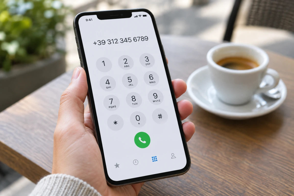 A hand holding a smartphone at a cafe table with +39 312 345 6789 entered on the dial pad.