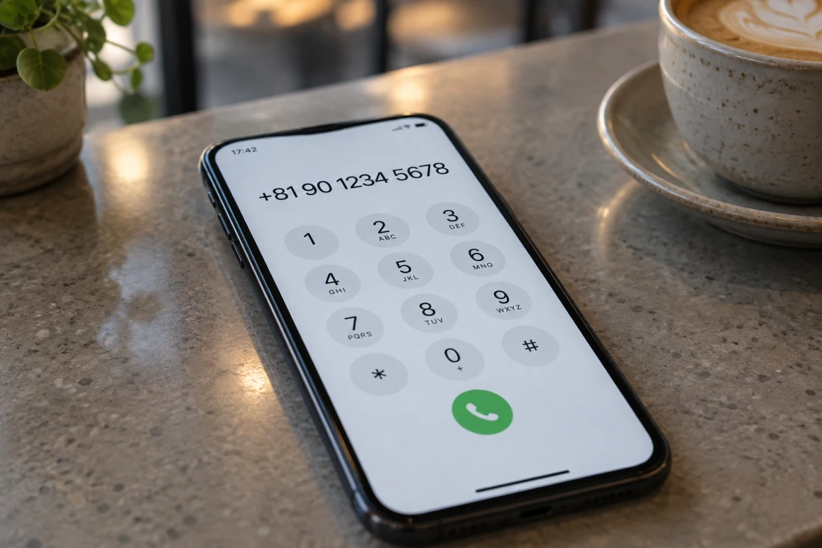 A smartphone on a cafe counter with +81 90 1234 5678 entered on the dial pad.