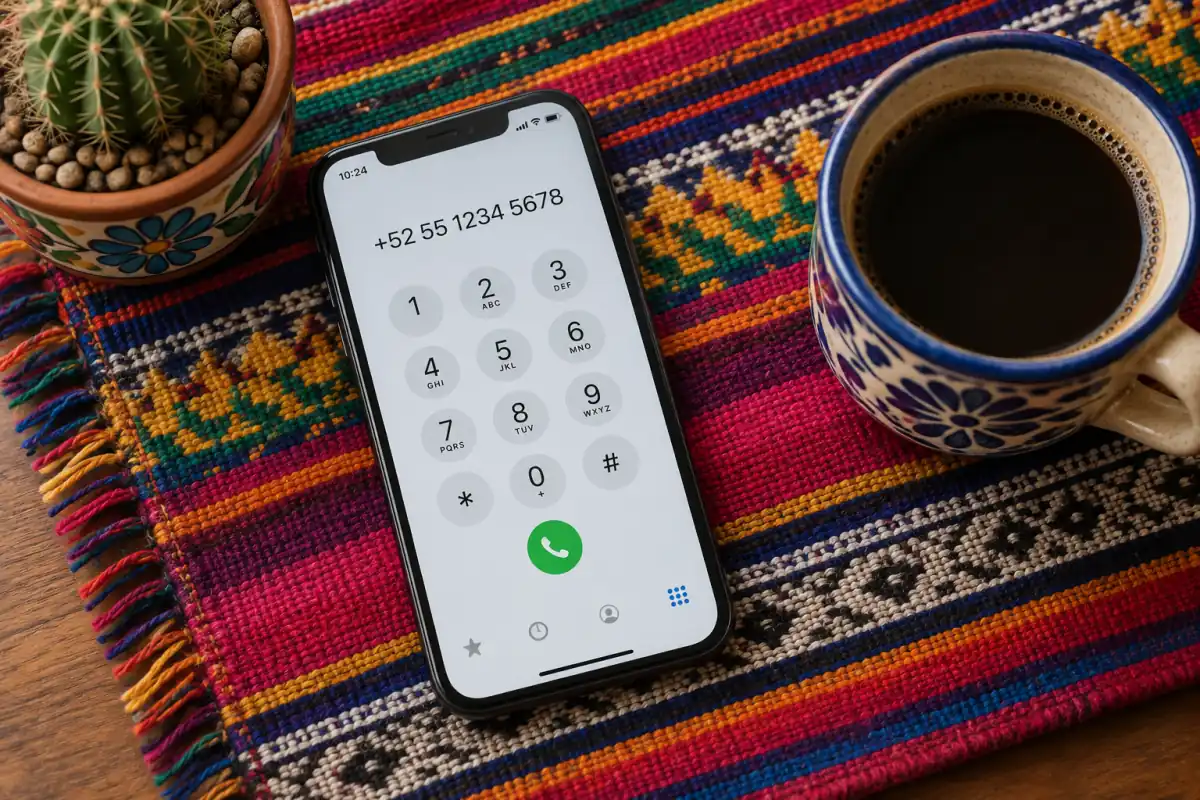 A smartphone on a woven Mexican textile, its dial pad showing +52 55 1234 5678, next to a cup of coffee and a small cactus.