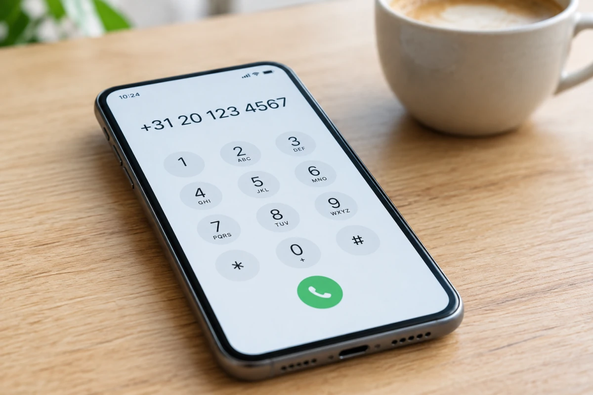 A smartphone on a wooden table with +31 20 123 4567 entered on the dial pad.