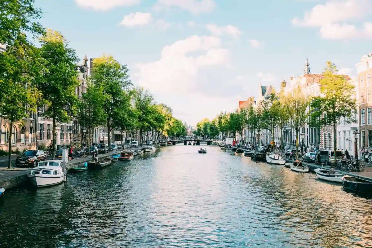 Boats moored along a tree-lined Amsterdam canal on a sunny day.