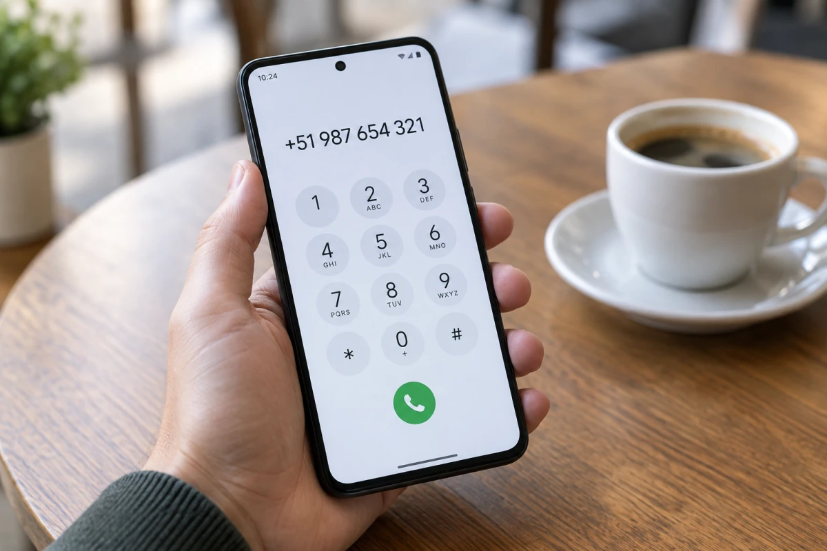 A hand holding a smartphone at a cafe table with +51 987 654 321 entered on the dial pad.
