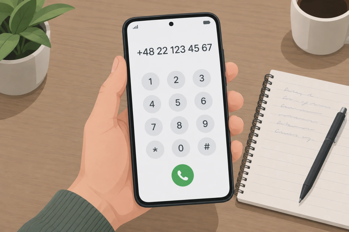 An illustration of a hand holding a smartphone with +48 22 123 45 67 entered on the dial pad, next to a notebook.