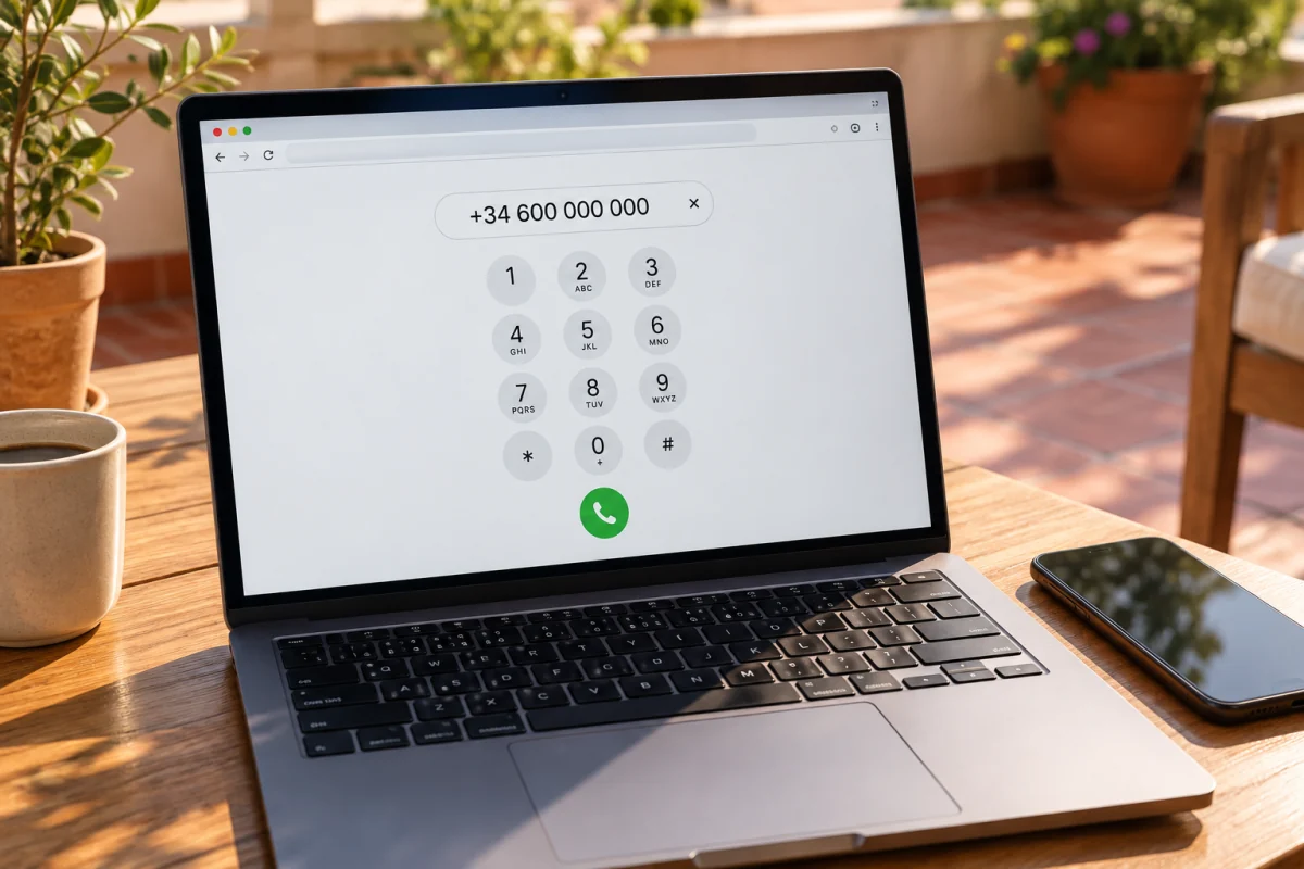 A laptop on a sunny terrace table with a browser dial pad showing +34 600 000 000.