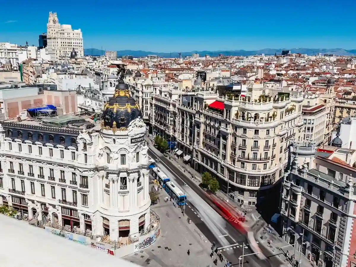 Madrid's Gran Via seen from above, with the domed Metropolis building on the corner.