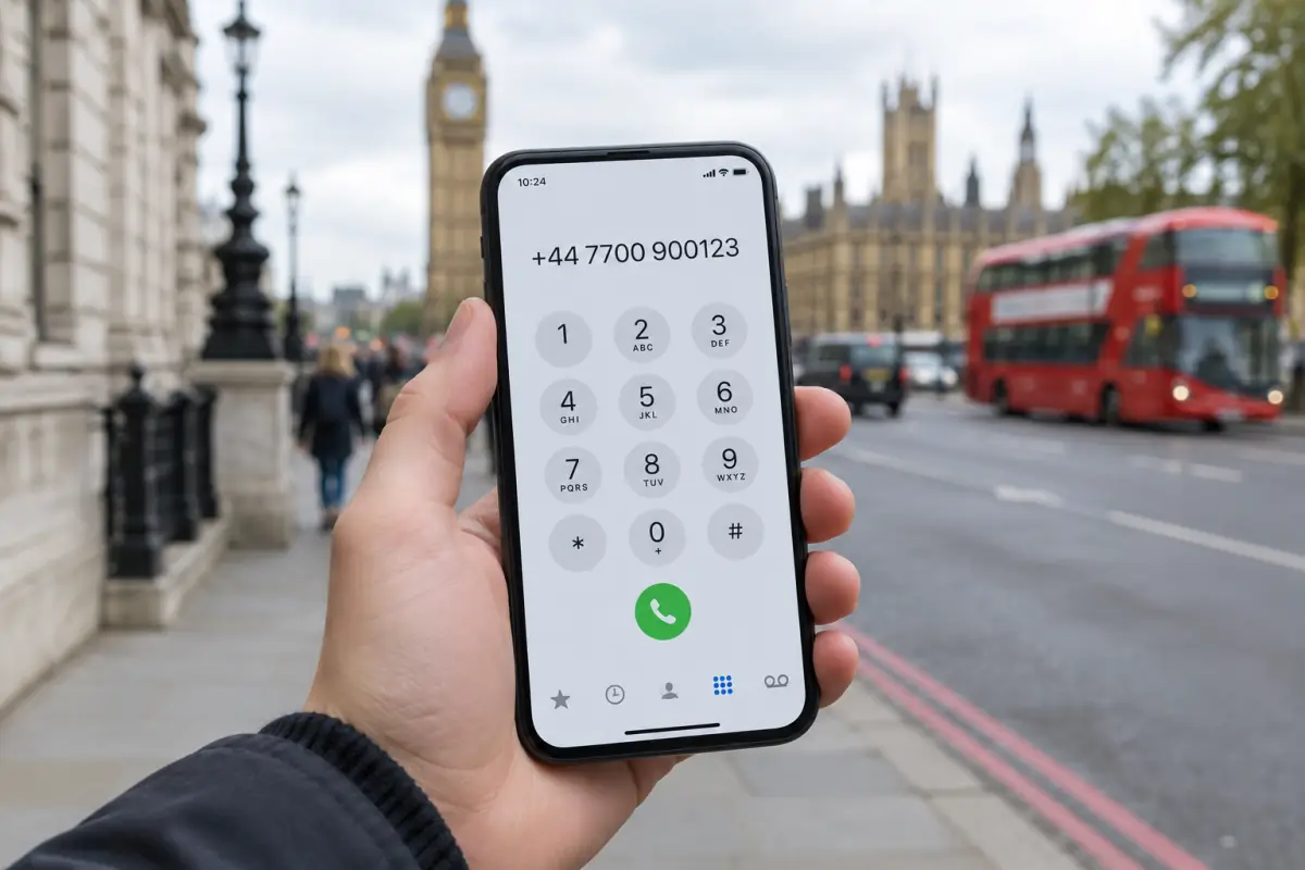 A hand holding a smartphone with +44 7700 900123 on the dial pad on a London street.