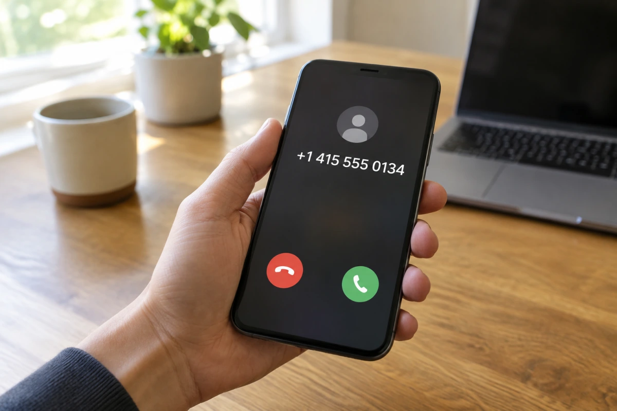 A hand holding a smartphone above a kitchen table, the screen showing an incoming call from +1 415 555 0134.